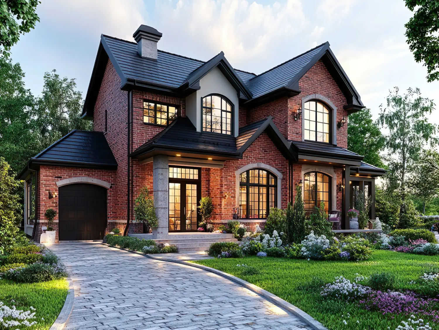 Elegant brick house with landscaped garden