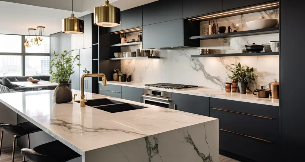 Modern kitchen with marble countertops.